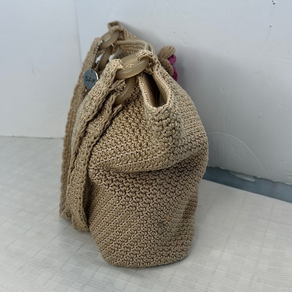The Sak  crochet Tan Tote Bag with Purple Flower Accent - Picture 4 of 9